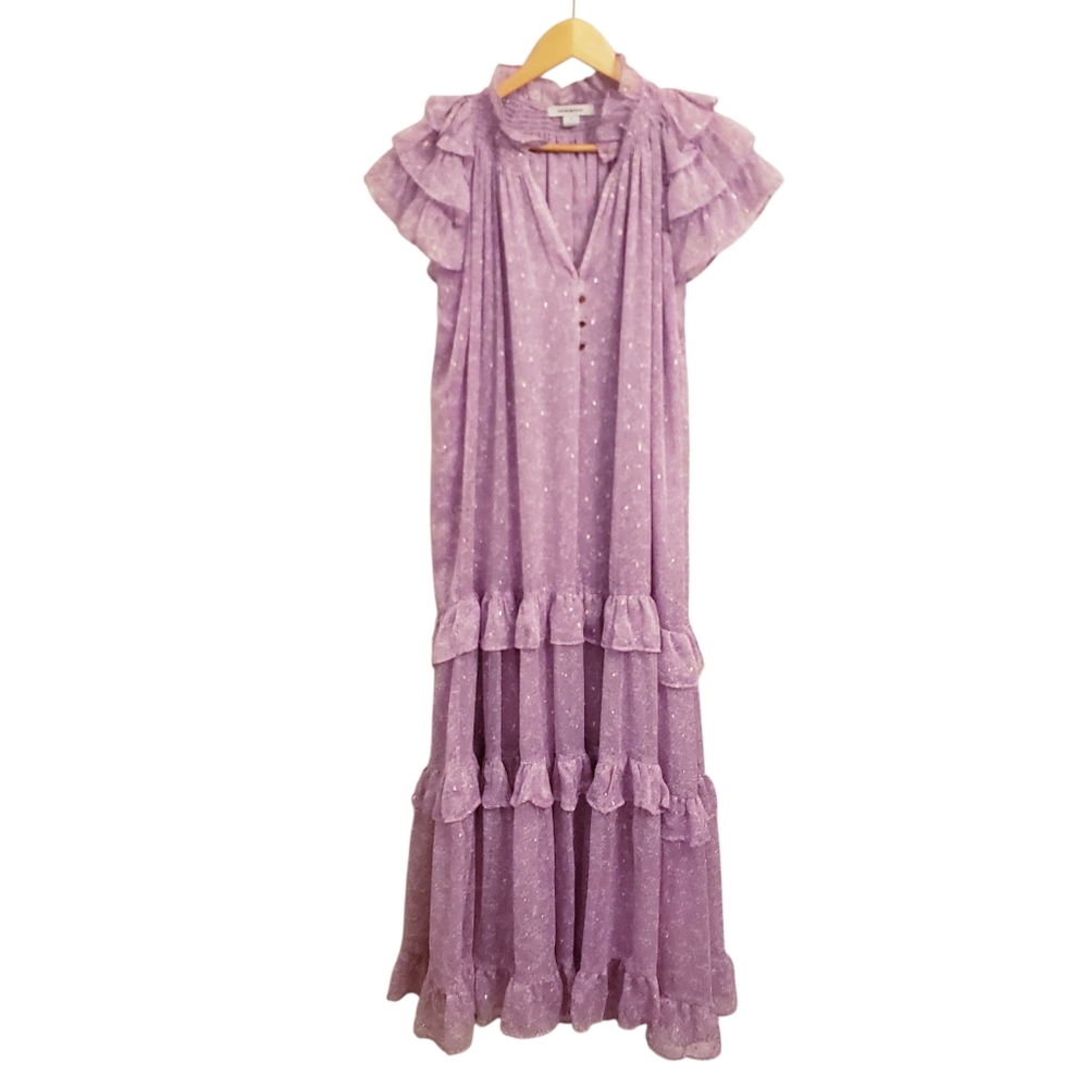 Sabina Musayev Gwen Floral Maxi Ruffle Mock Tent Dress, Pink Purple Color Size M